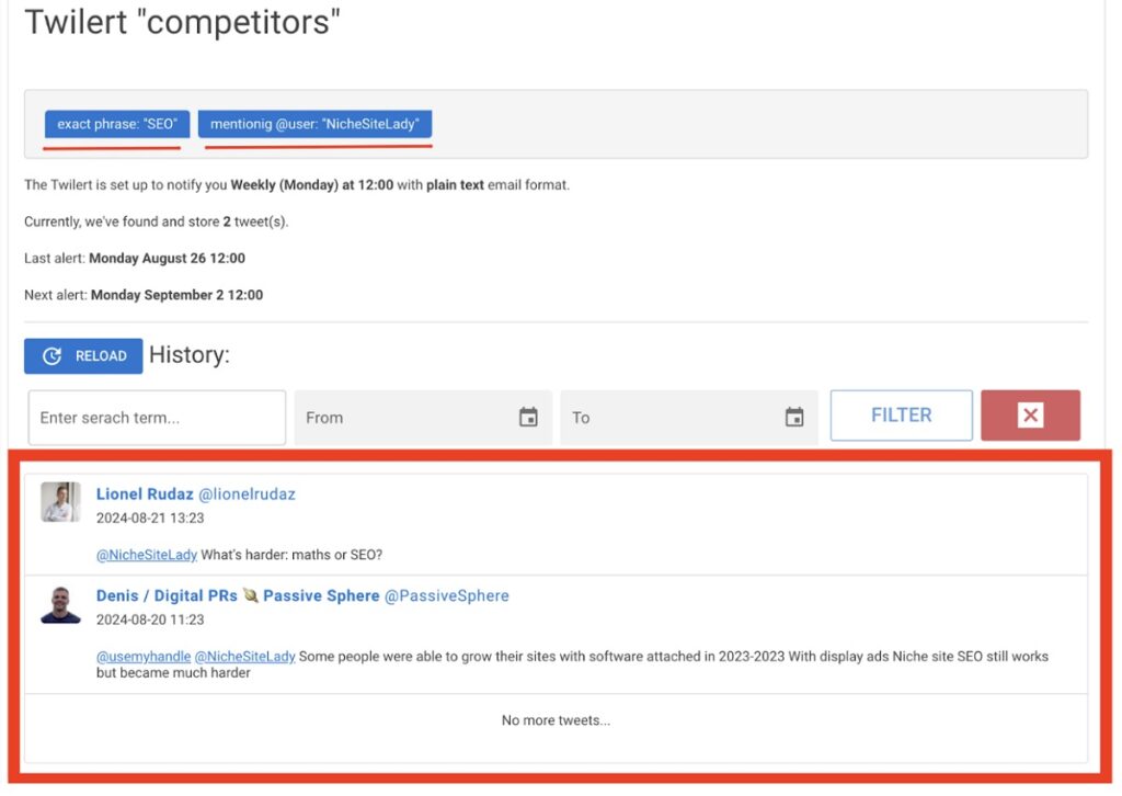 Twilert result examples