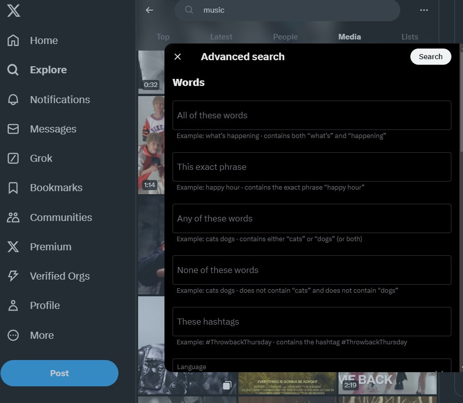 Advanced video search by keywords in X